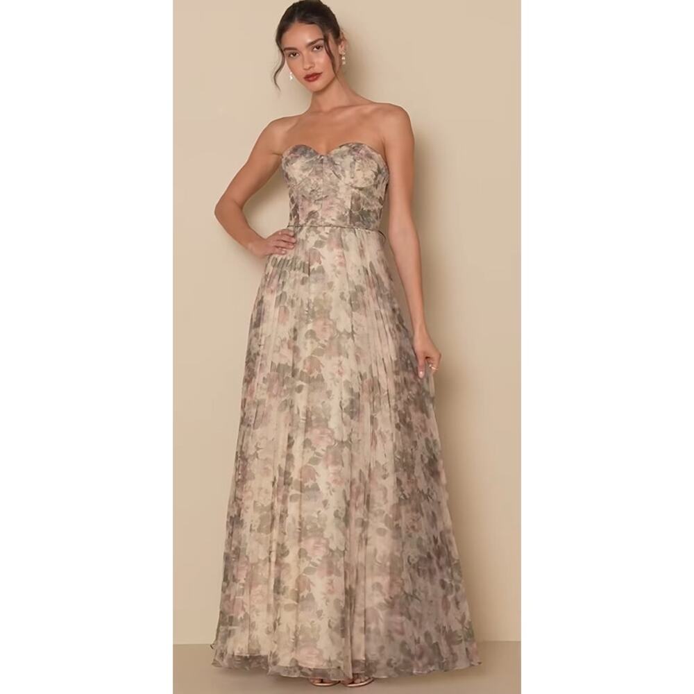 Lulus Women's Most Beautiful Day Ivory Multi Floral Print Organza Maxi Dress NWT